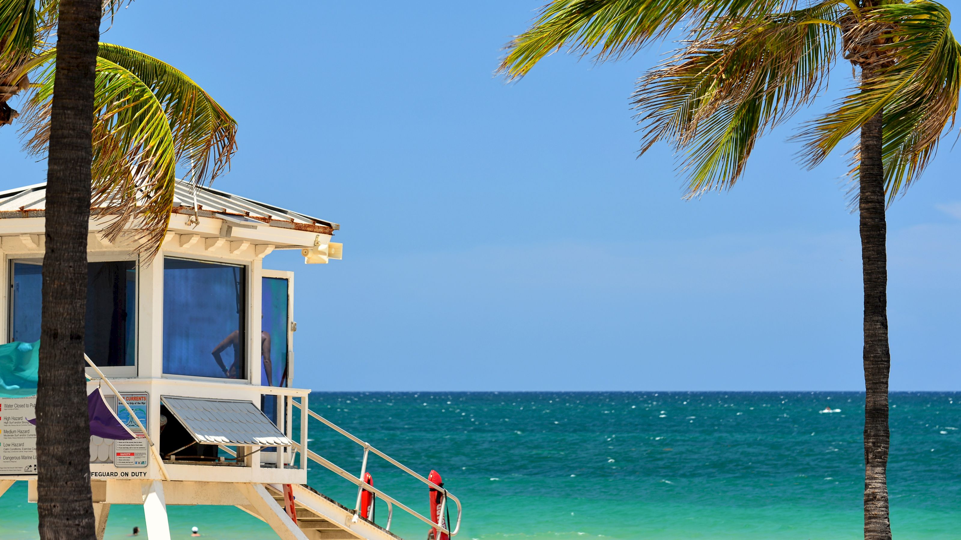 A lifeguard stand on a beach with palm trees and ocean view