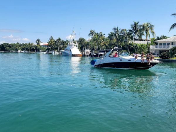 A boat with people on a calm, blue waterway surrounded by palm trees and houses. Sunny and serene scene.