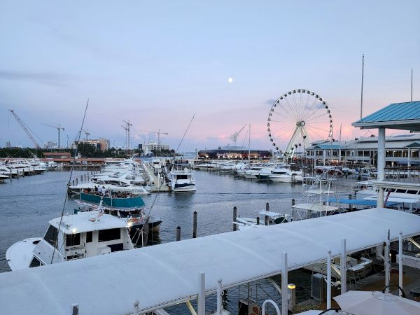 The image shows a marina with boats, a boardwalk, and a Ferris wheel in the distance, under a clear sky at dusk.