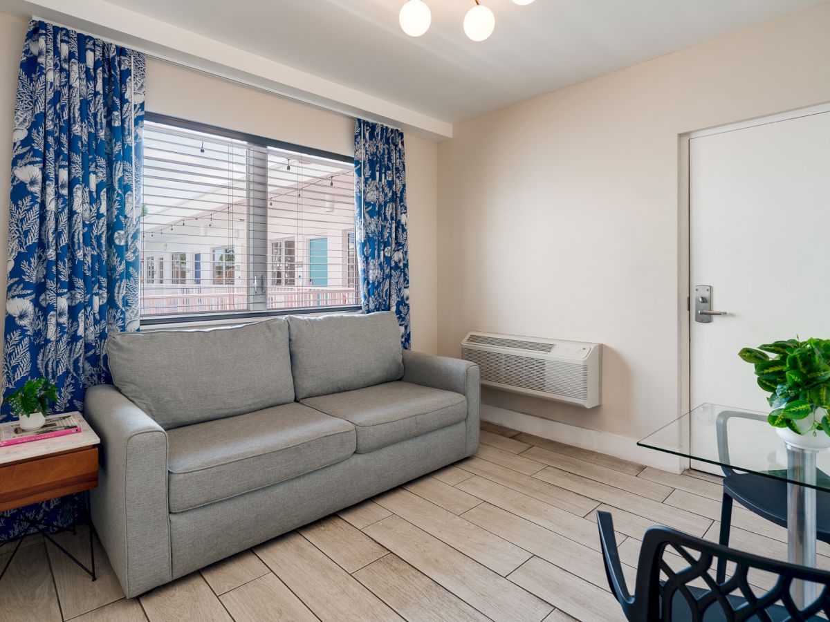 A cozy living room with a gray sofa, blue floral curtains, a small side table with books, a glass dining table, and a plant by the door.
